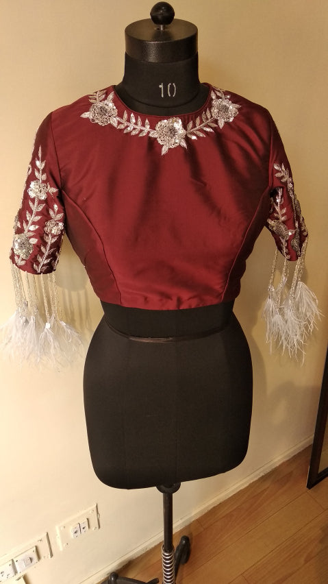 Steel grey saree with maroon blouse