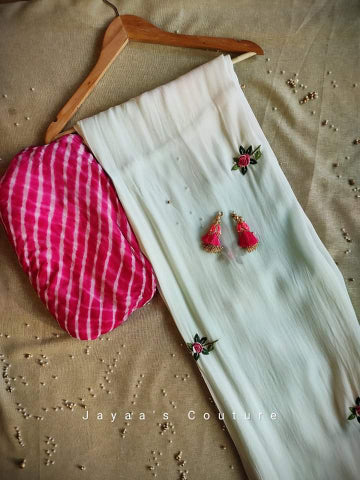 White Pink shaded Satin Georgette Saree with Rani Bandej Blouse.