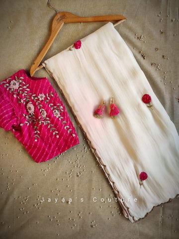 White Pink shaded Satin Georgette Saree with Rani Bandej Blouse Embellished with Handwork