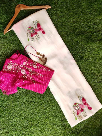 White Pink shaded Satin Georgette Saree with Rani Bandej Blouse Embellished with Thread Handwork