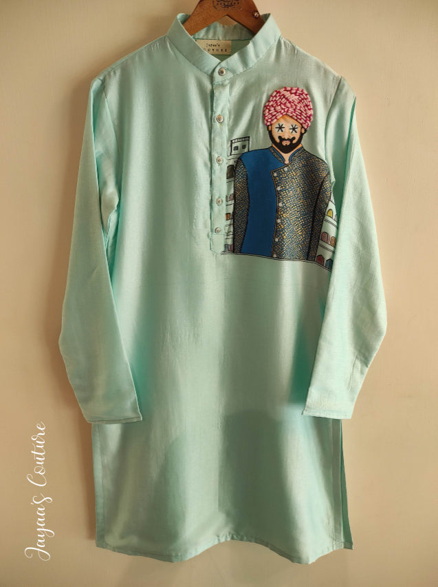 Pastel sea green hand painted mens kurta