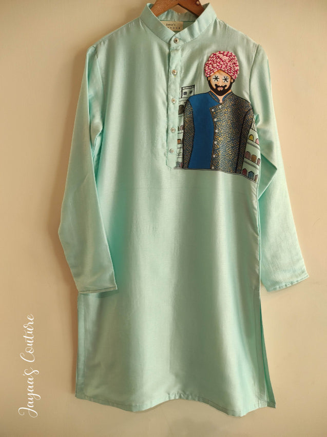Pastel sea green hand painted mens kurta