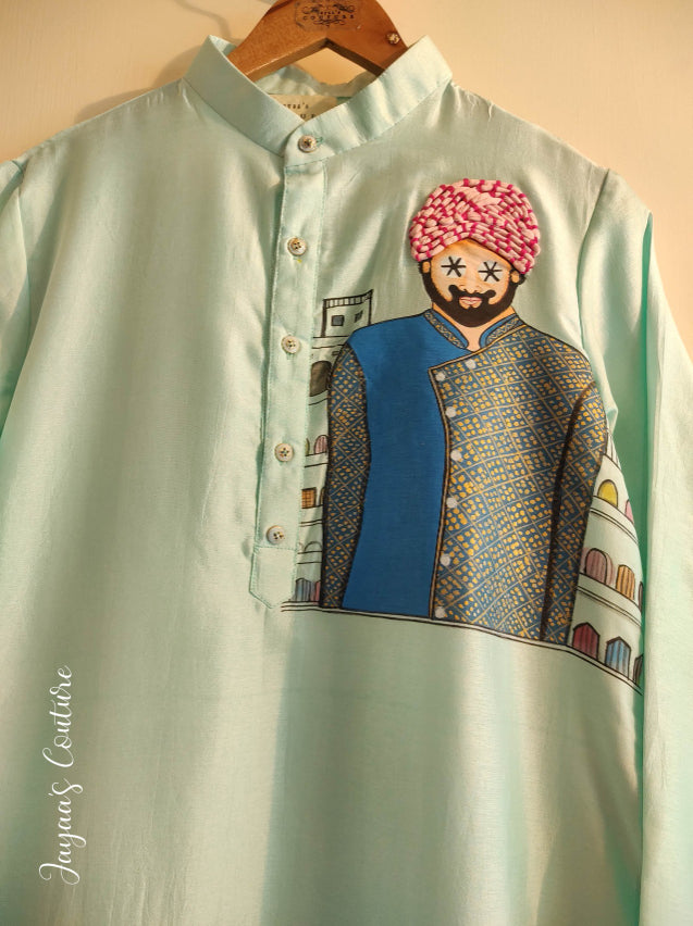 Pastel sea green hand painted mens kurta