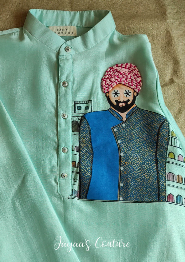 Pastel sea green hand painted mens kurta