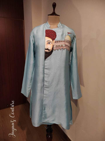 Greyish blue mens hand painted kurta