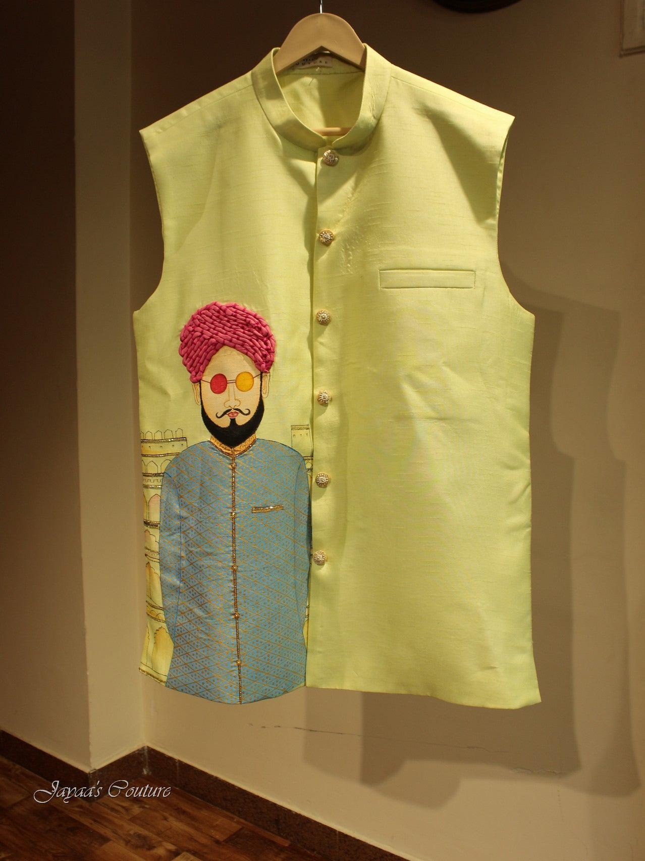 Green Hand painted neheru jacket