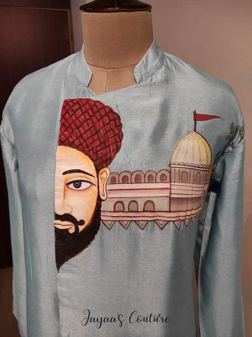 Greyish blue mens hand painted kurta