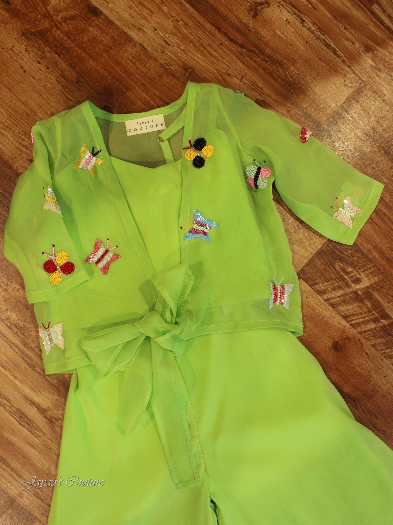 Green crop top with flaired plazo