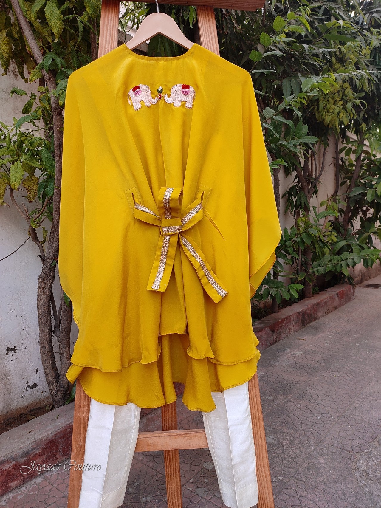 Mustard yellow kaftan with pant and belt for kids