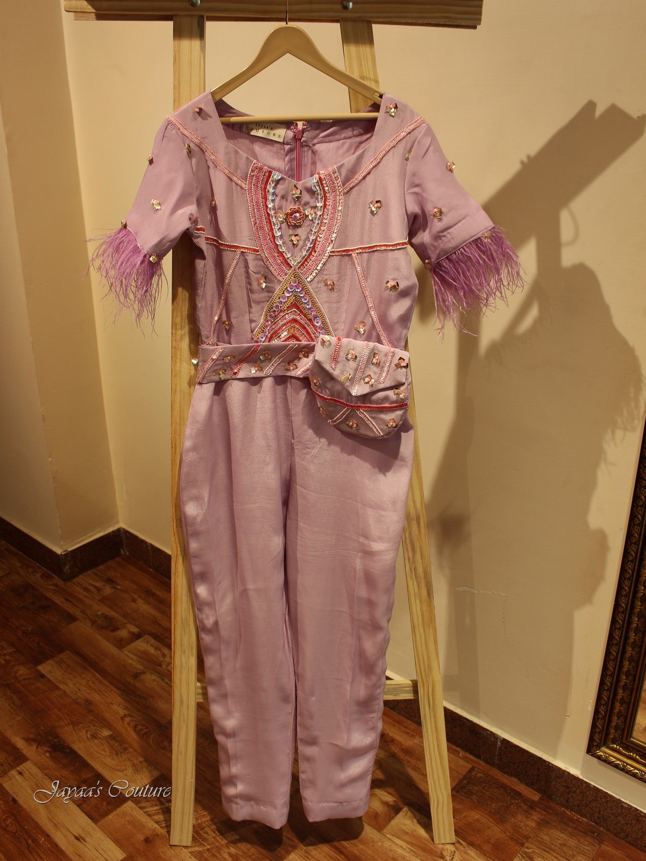 Lavendar jumpsuit with belt pouch