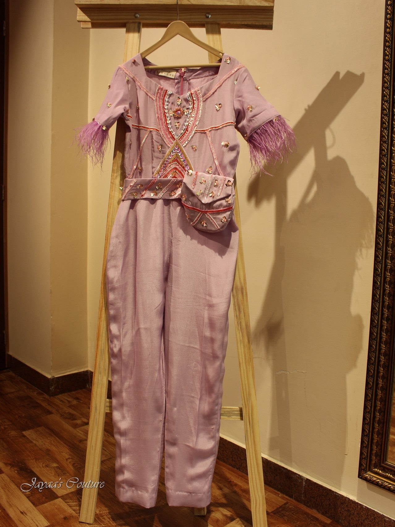 Lavendar jumpsuit with belt pouch