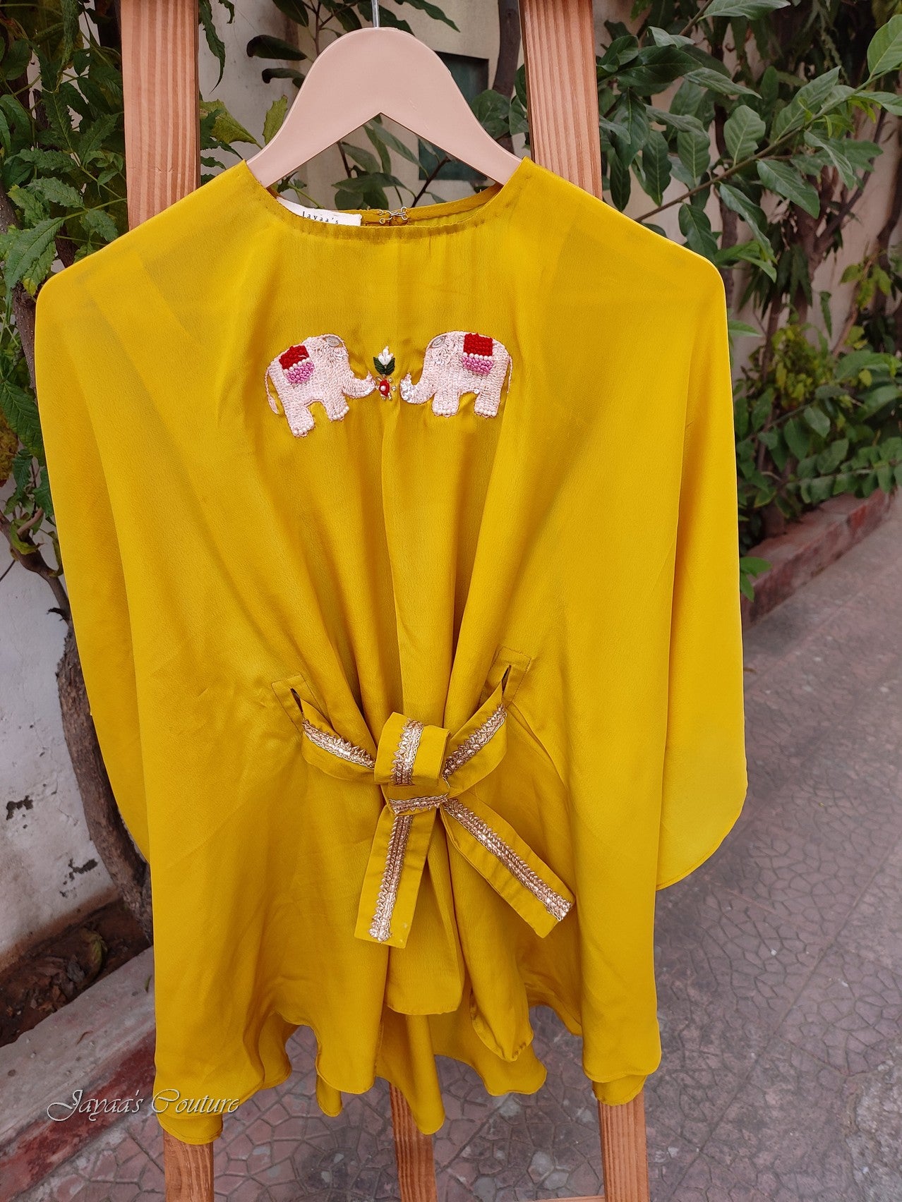 Mustard yellow kaftan with pant and belt for kids