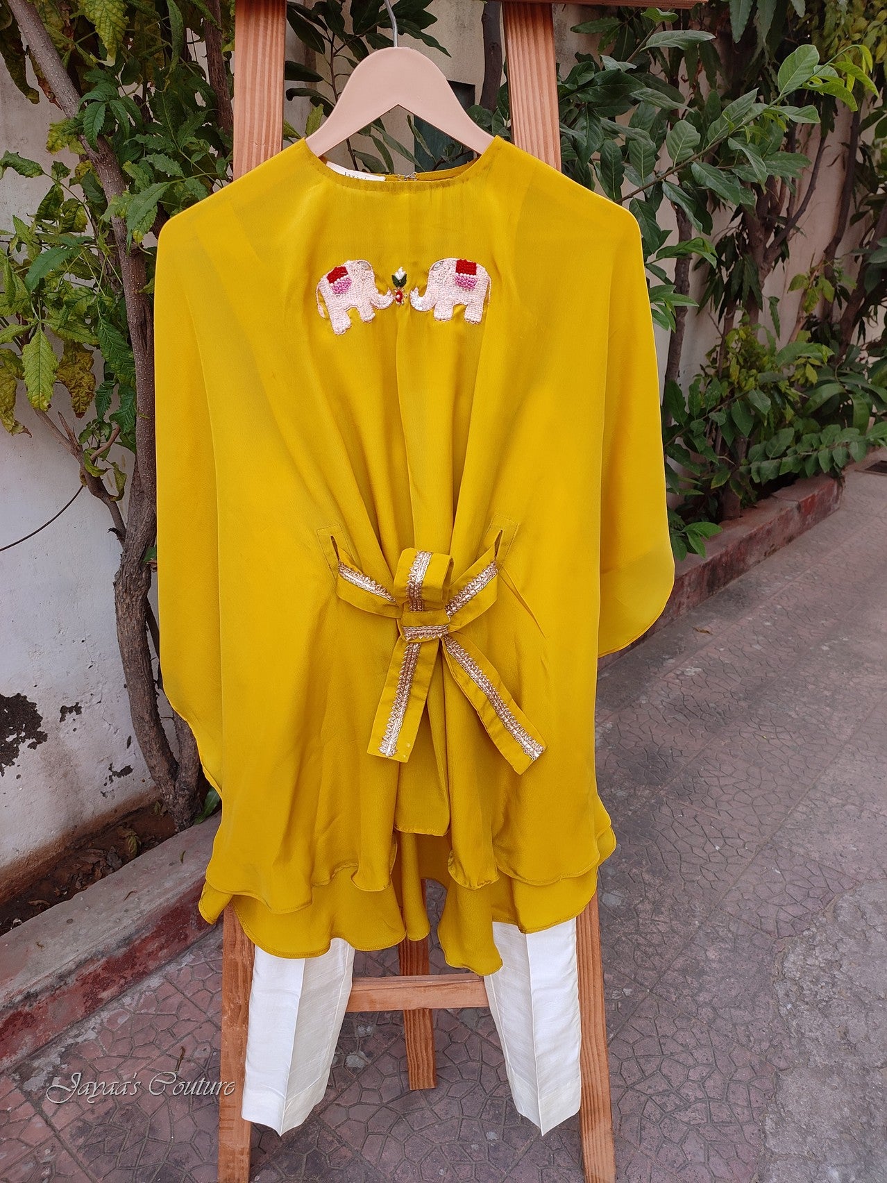 Mustard yellow kaftan with pant and belt for kids