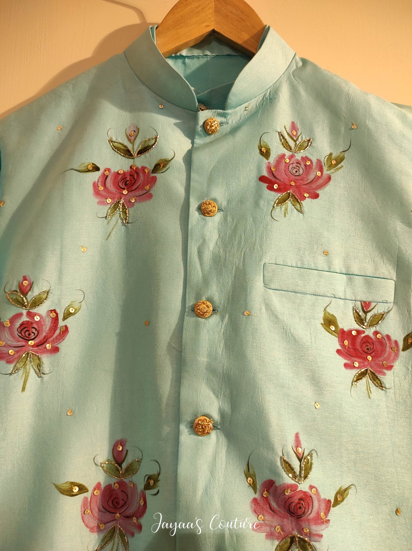 Pastel sky blue draped kurta with jacket and pants