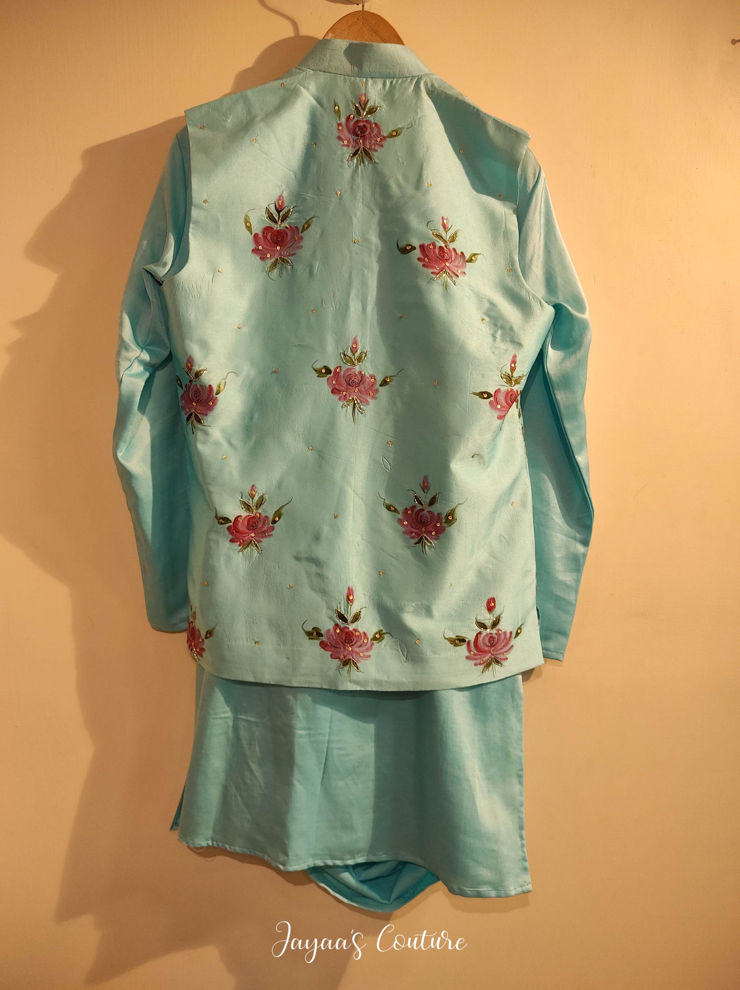 Pastel sky blue draped kurta with jacket and pants