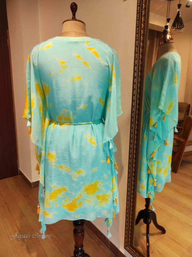 Sky blue tie & dye kaftan with yellow pant