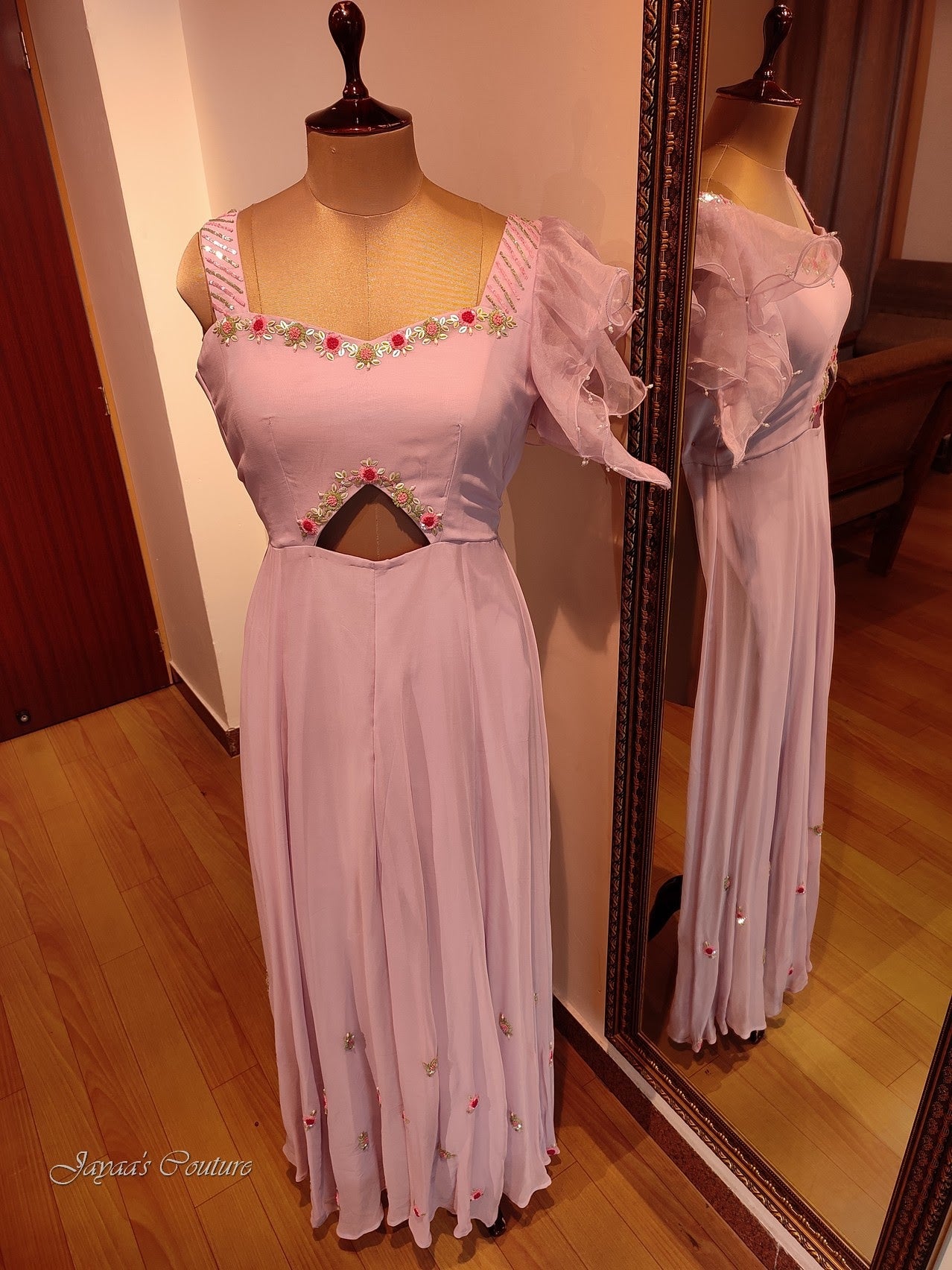 Lavender jump suit with one side frill sleeve