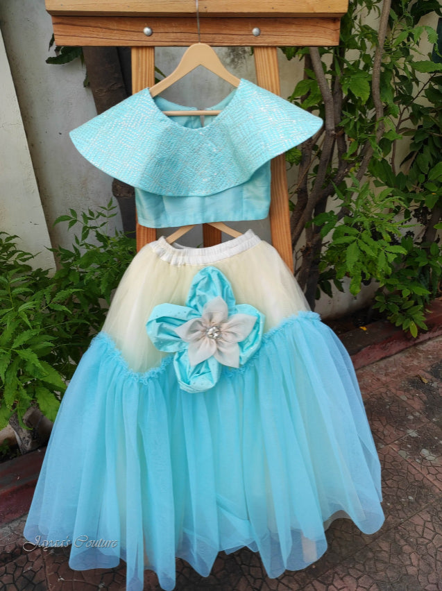 Sky blue and offwhite crop top skirt
