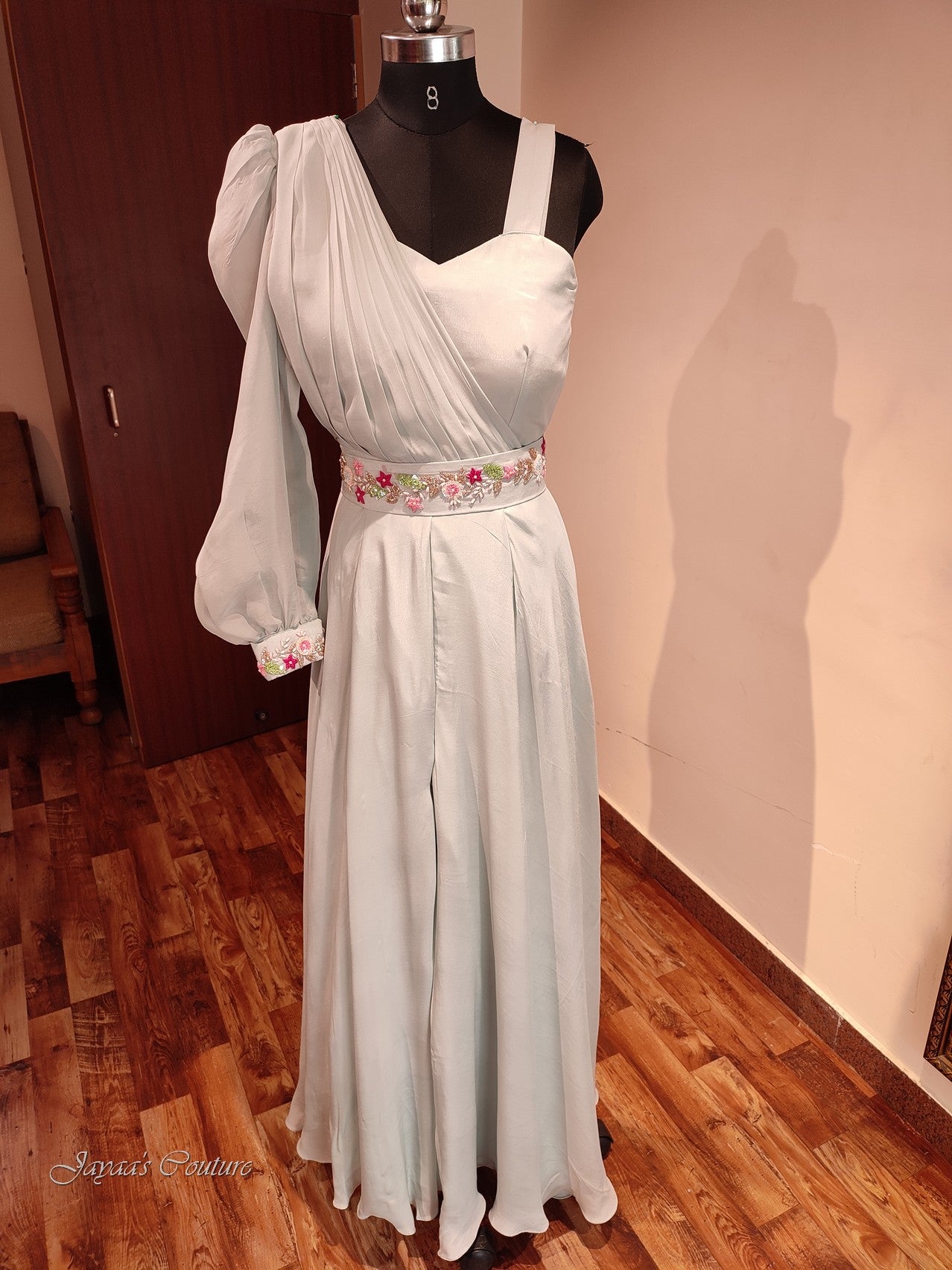 Powder blue jumpsuit with belt