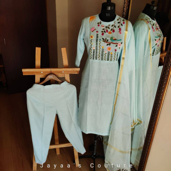 Powder Blue Embroidered Kurta Pant Dupatta set