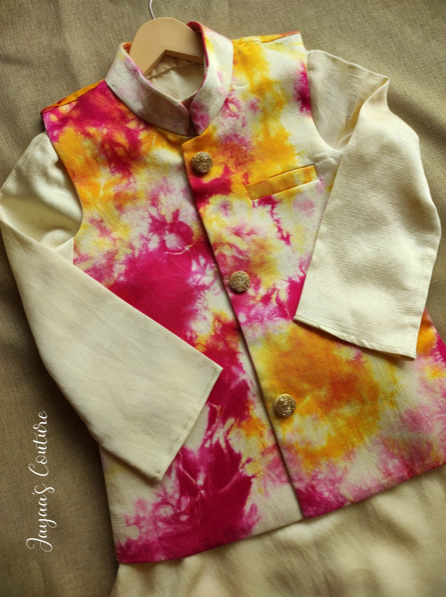 Off white kurta pant with Tie & Dye jacket
