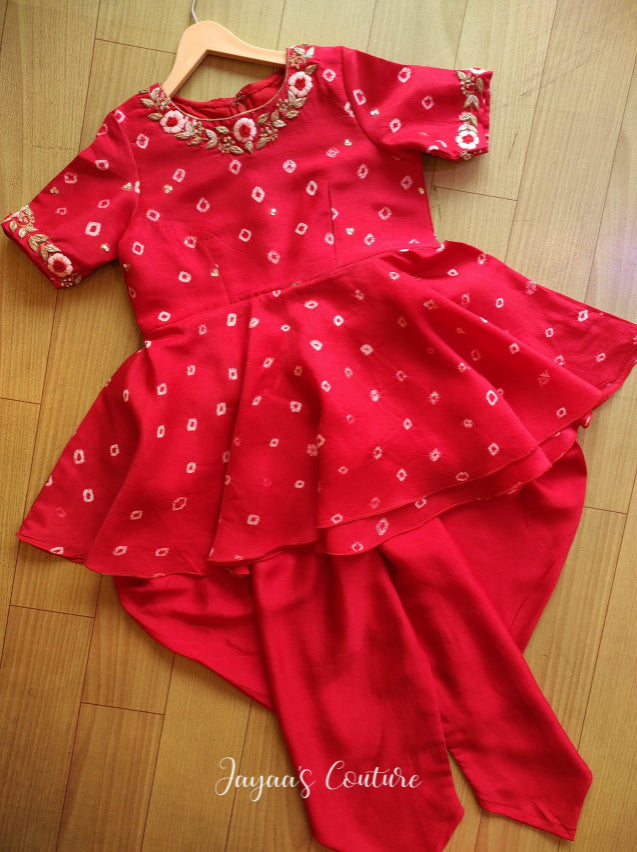 Red bandhej Peplum with Dhoti pant