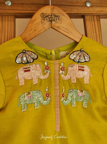 Yellowish Green Elephant Kurta Sharara Set
