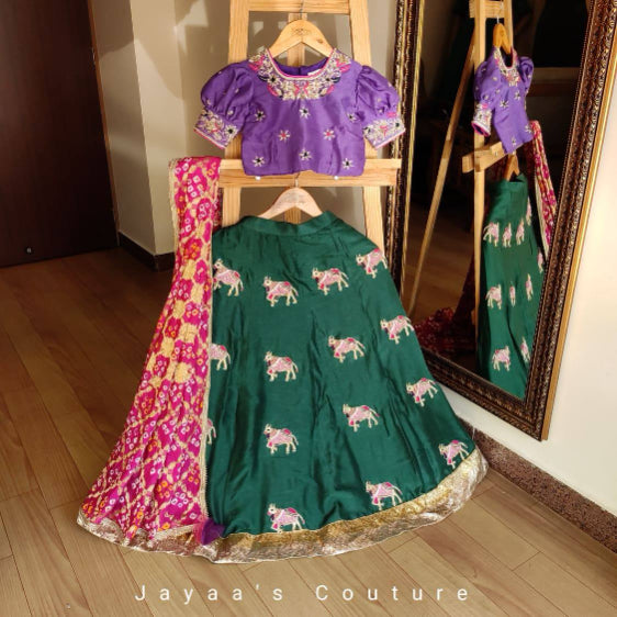 bottle green Lehenga with purple blouse set