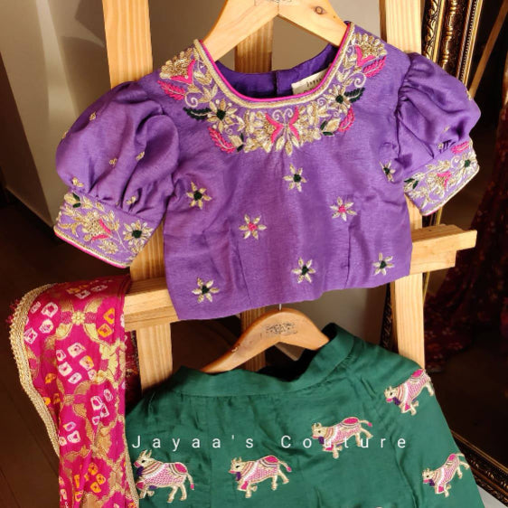 bottle green Lehenga with purple blouse set