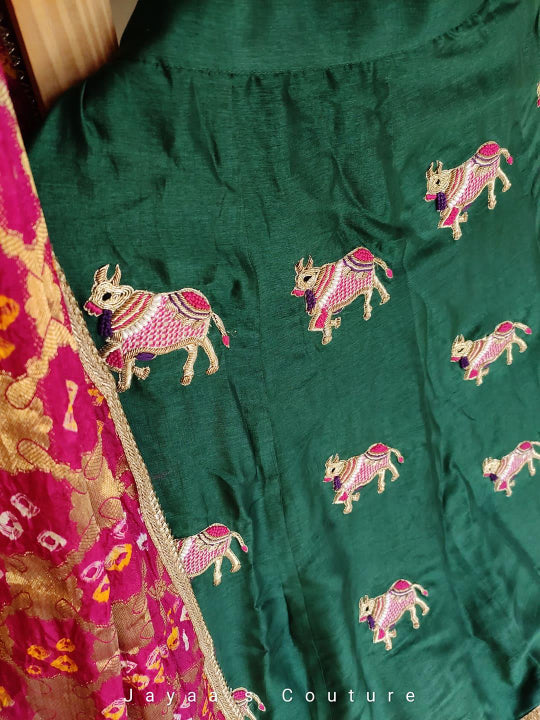 bottle green Lehenga with purple blouse set