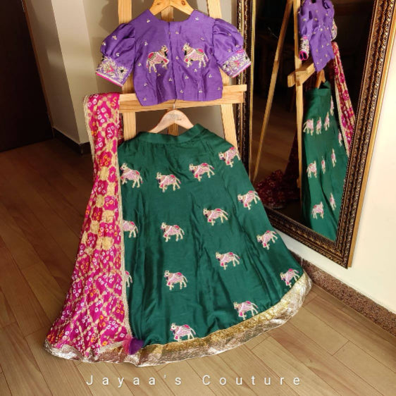 bottle green Lehenga with purple blouse set