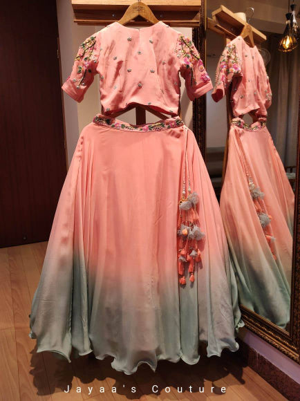 Peachish green shaded lehenga set