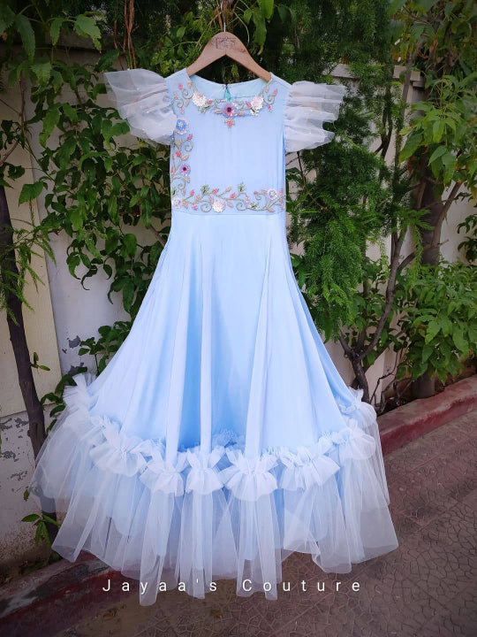 Powder blue ruffle pleated gown