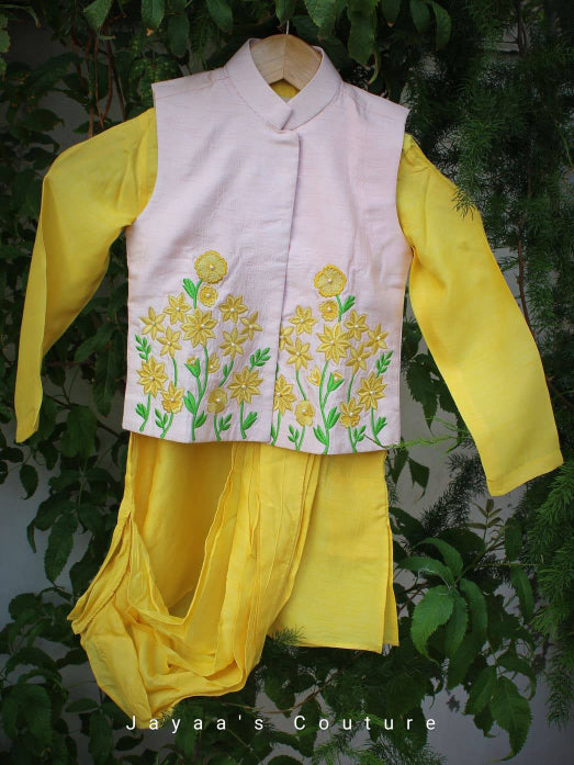 Draped yellow kurta with peach thread embroidery nehru jacket and yellow dhoti