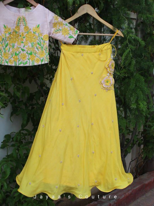 Yellow skirt with peach top Hand Embroidered.