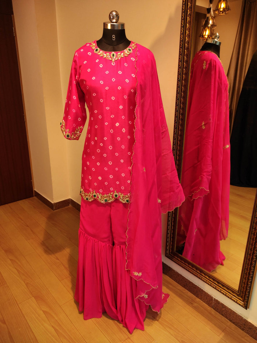 Rani bandhani kurta with sharara & Rani dupatta