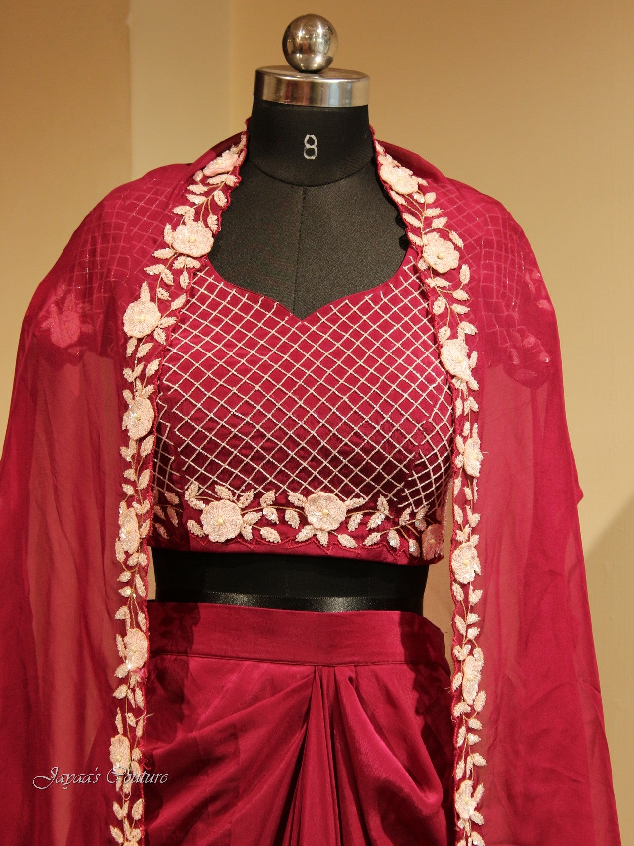 Maroon Crop top with Drape skirt and Cape