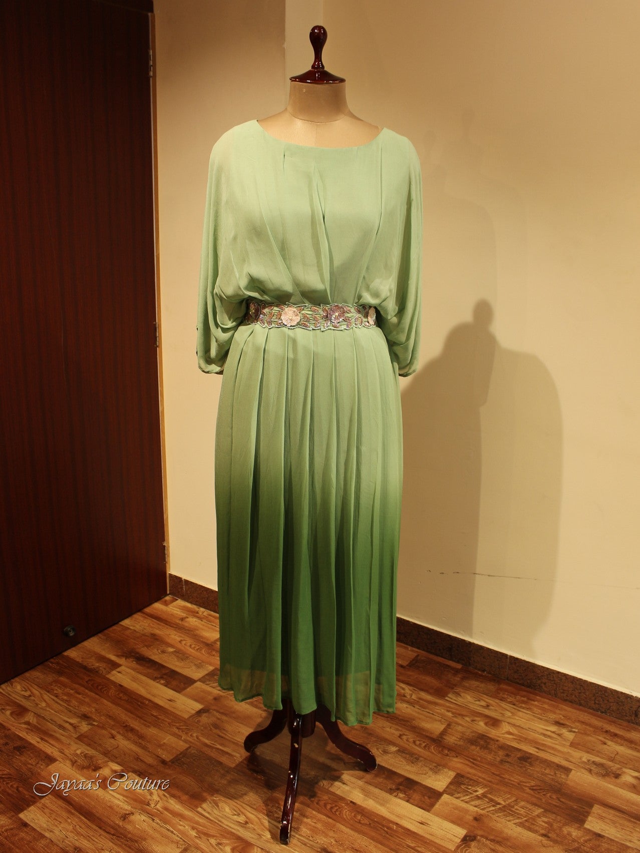 Green Shaded pleated Dress with belt