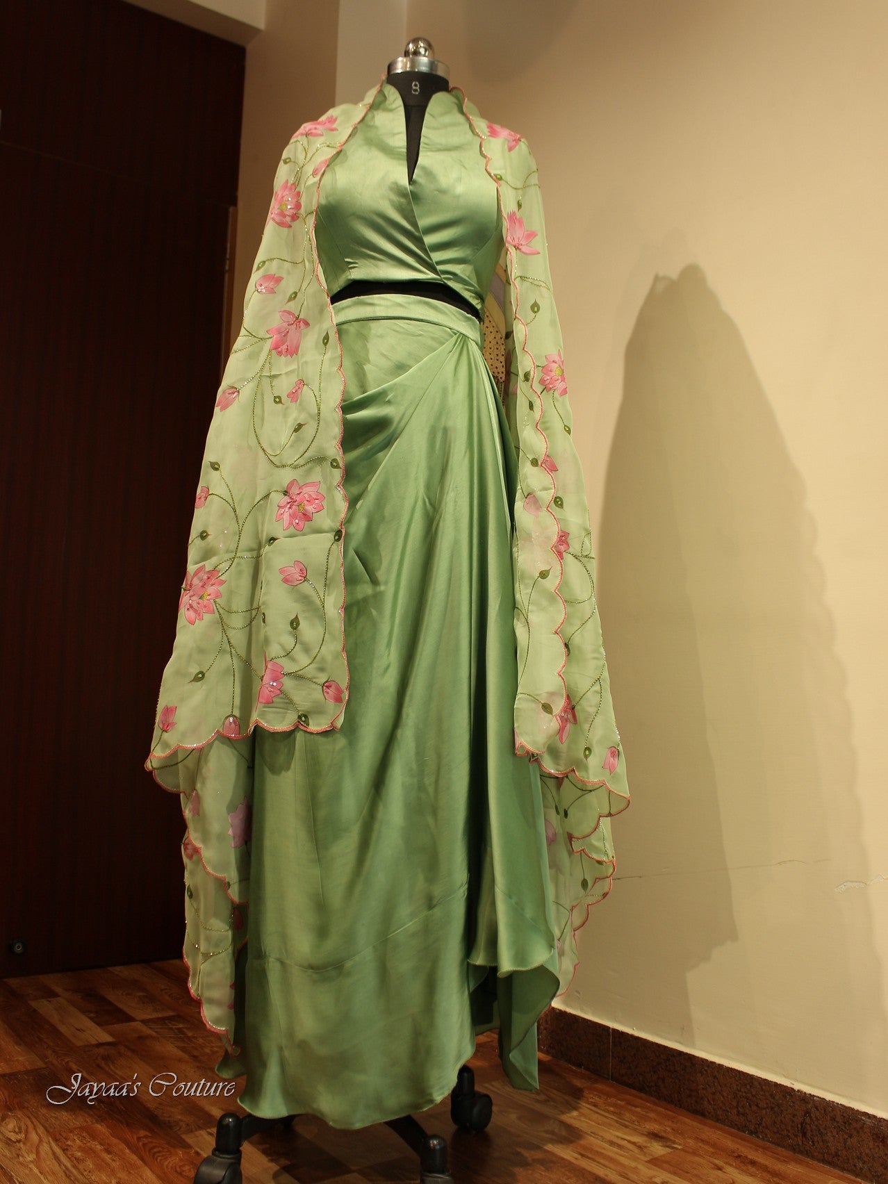 Green Hand painted crop top with Cape