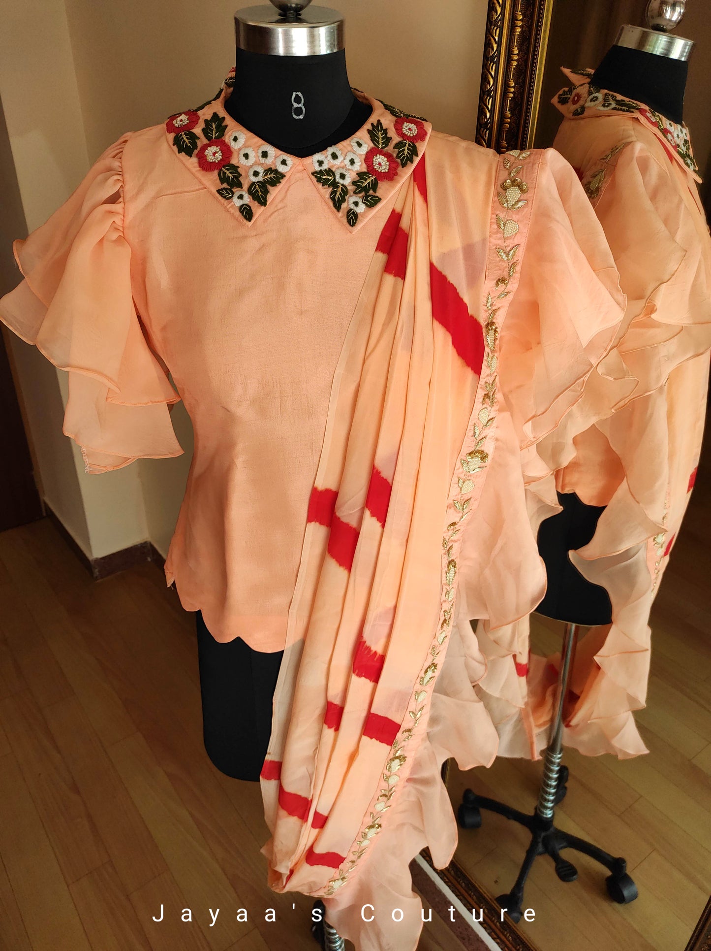 Peach top with dhoti pants and ruffled dupatta