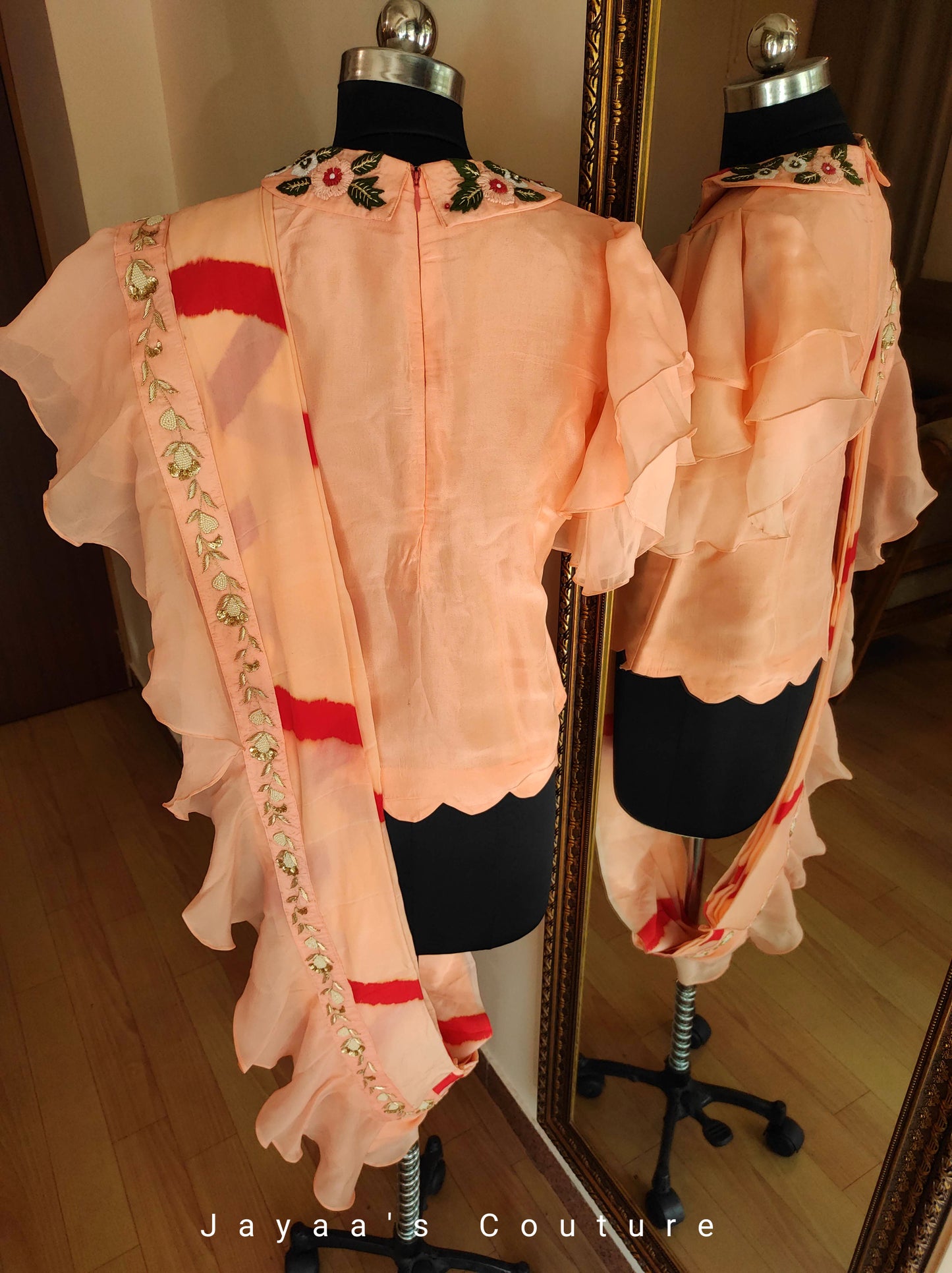 Peach top with dhoti pants and ruffled dupatta
