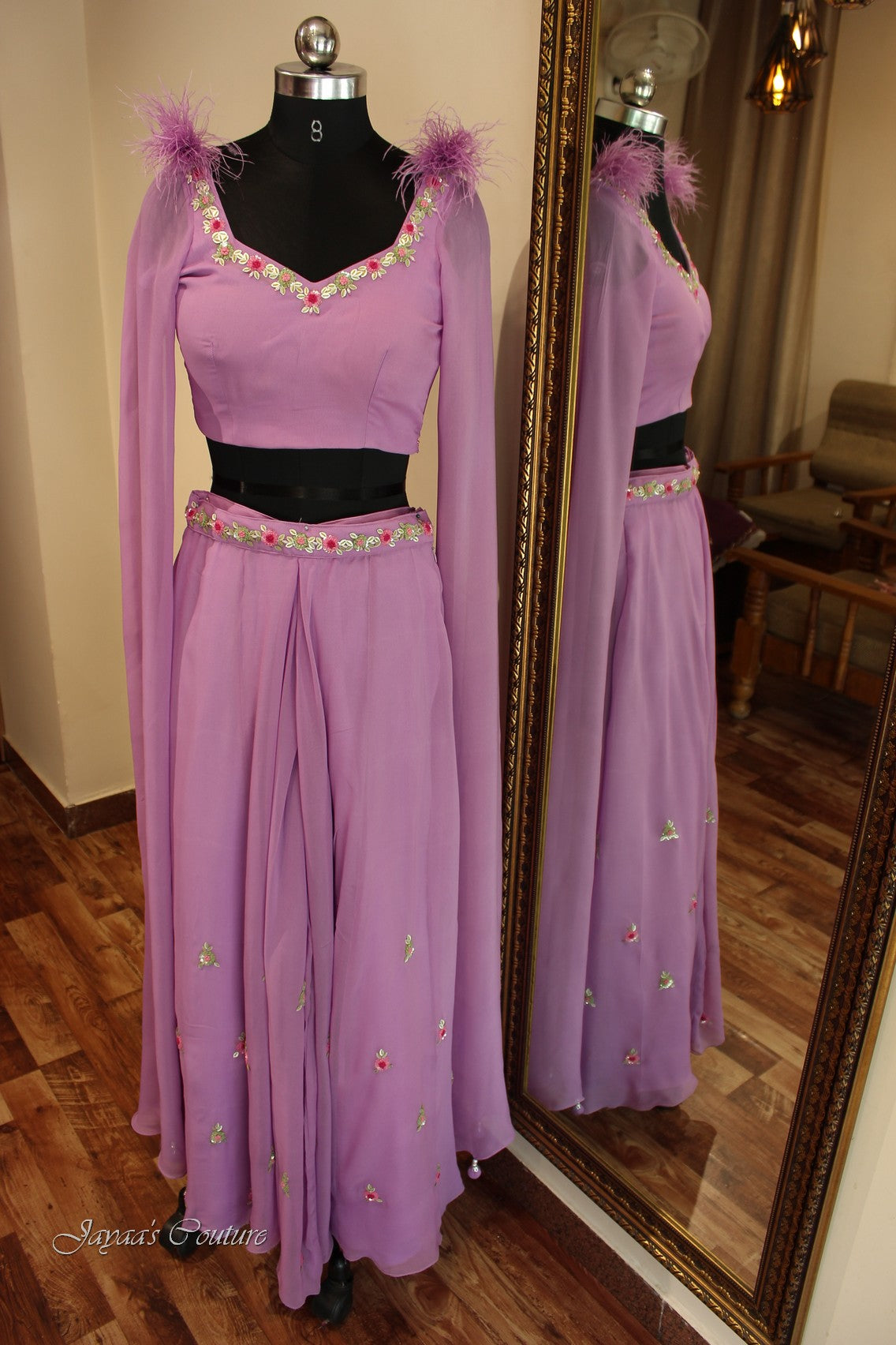 Lavander crop top with flaired plazo