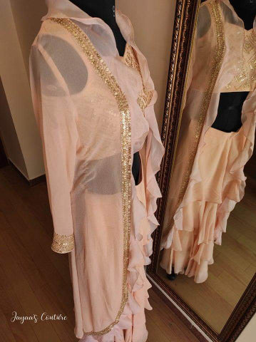 Peach top, layered plazo and shrug