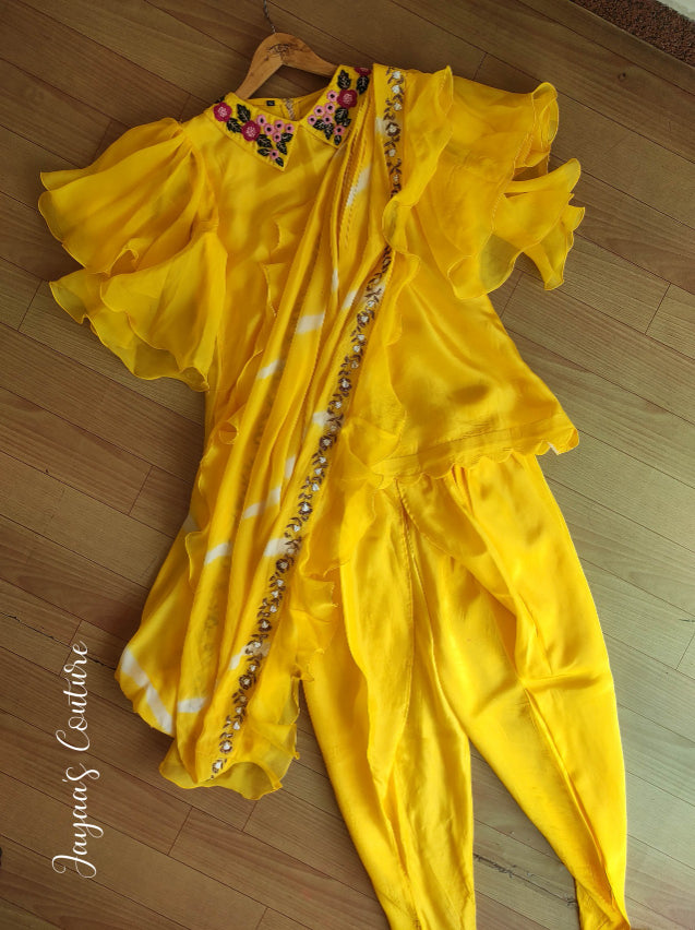 Yellow crop top with dhoti pants and drape dupatta