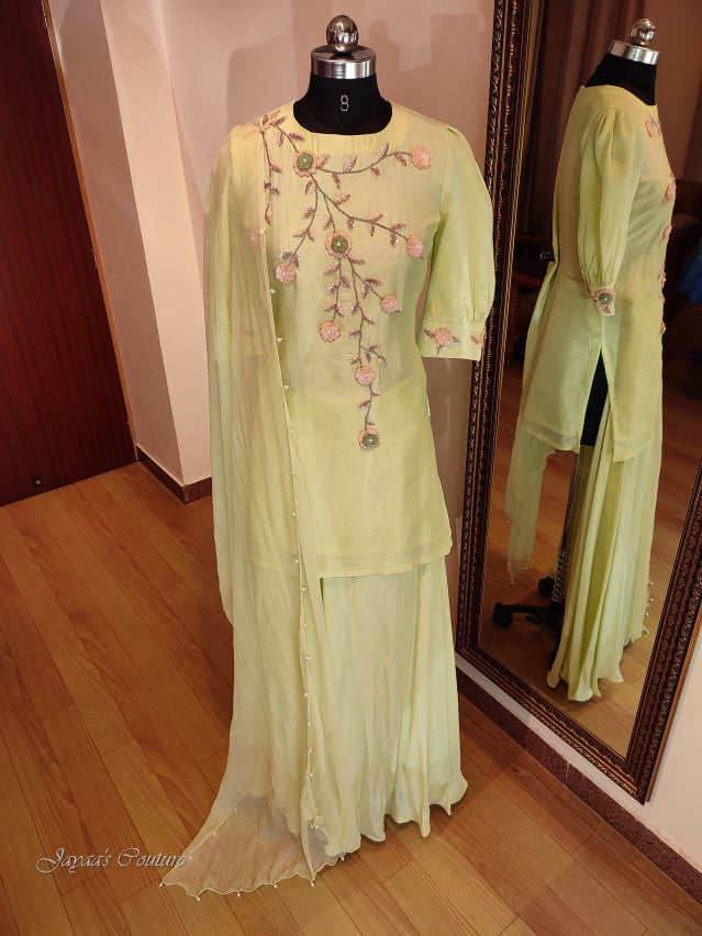 Lirl green short kurta with flared plazo & dupatta