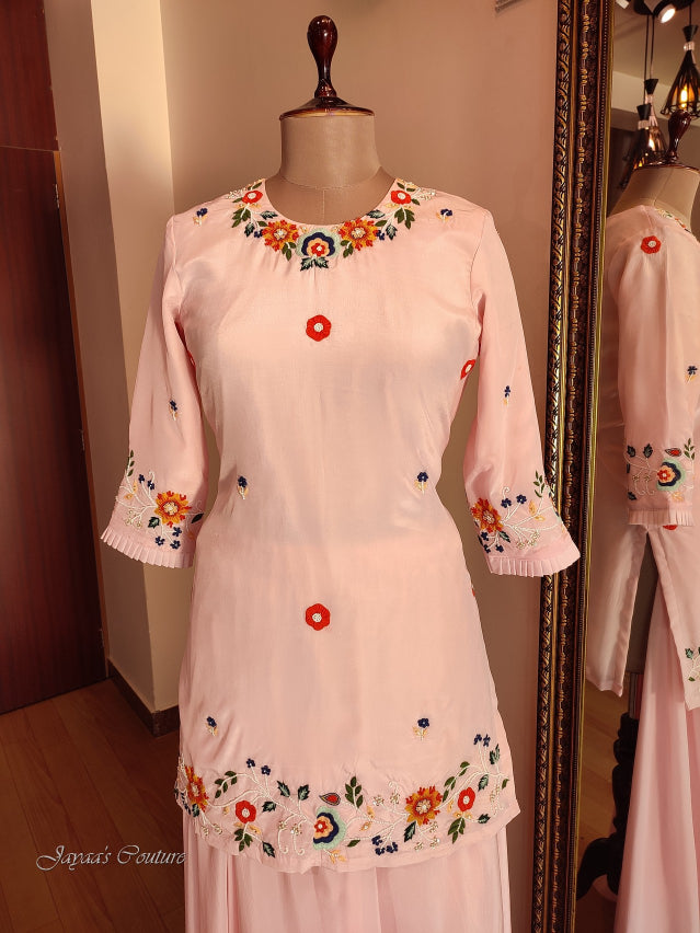 Peach short kurta with flared plazo & dupatta