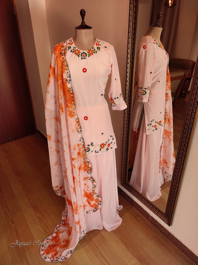 Peach short kurta with flared plazo & dupatta