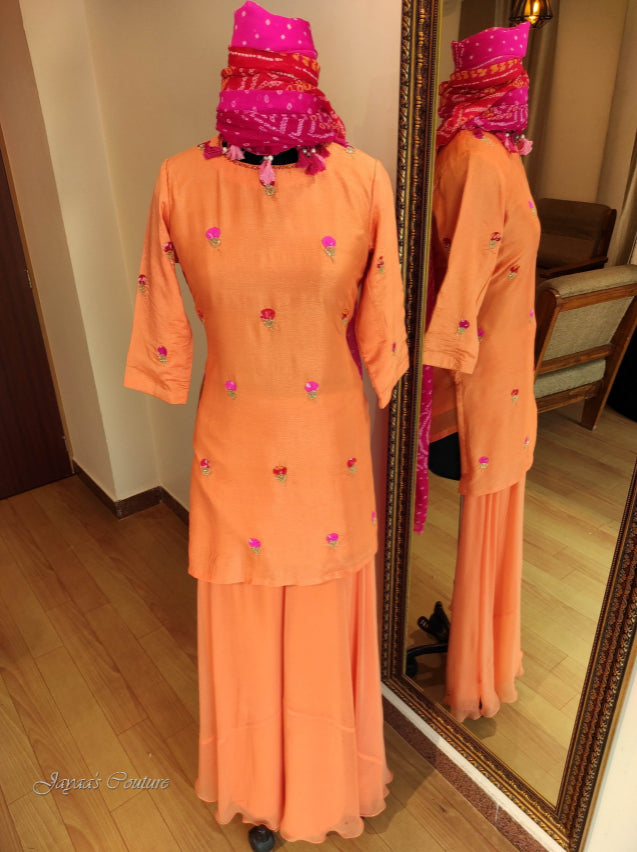 Dark peach kurta sharara with bandhani dupatta