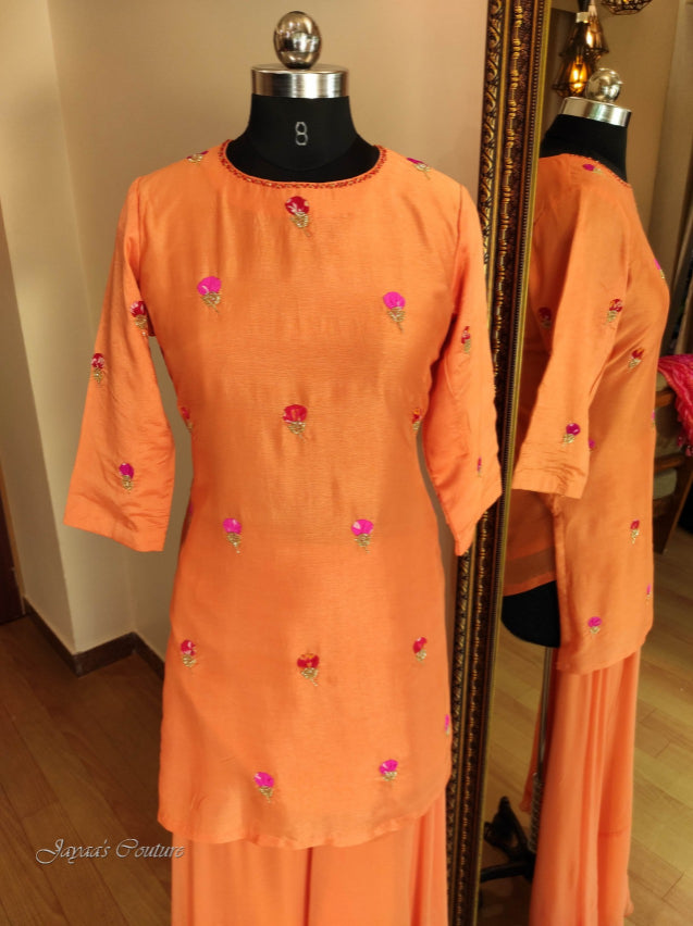 Dark peach kurta sharara with bandhani dupatta