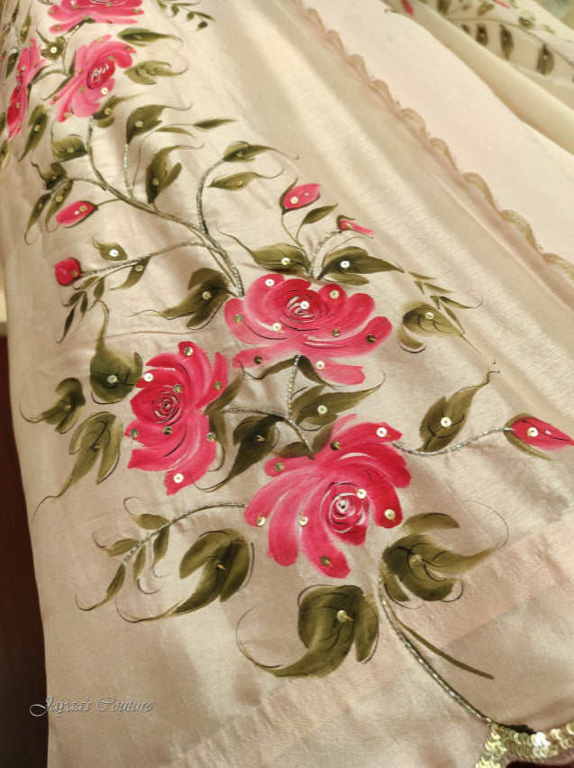 Nude peach hand painted kurta pant & dupatta